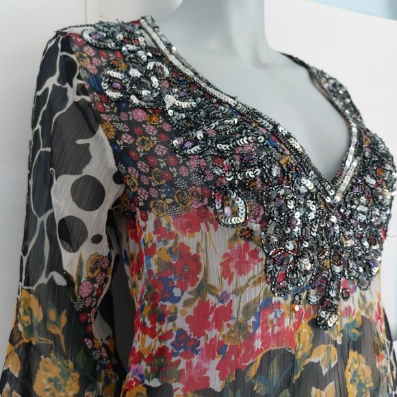 Vintage Y2K Top Medium Sheer Flowy Romeo Juliet Couture Multi Print Silky Sequin - Picture 7 of 16